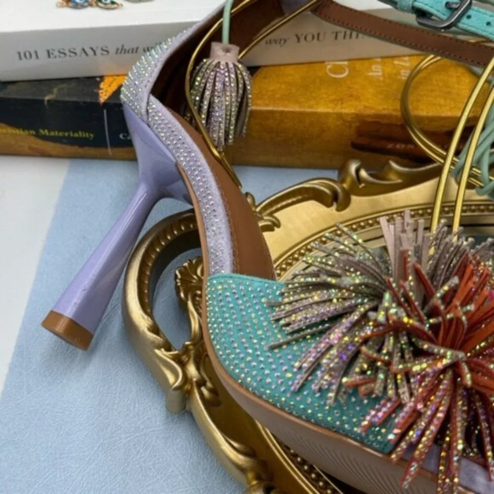 🆕 KURT GEIGER LONDON 🧿 NWOB Lilac & Teal Pom Pom Tie Ankle Heel, Sz 36 US 6 - Picture 12 of 15